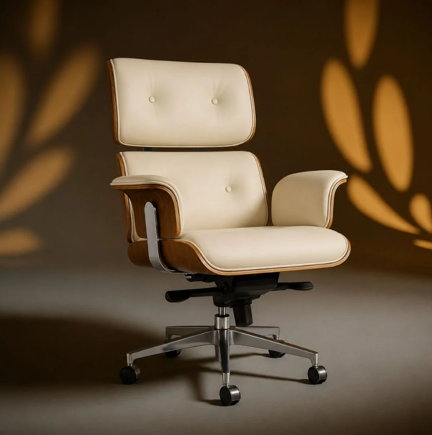 Fauteuil Bureau en Cuir Véritable Rinaldo Crème