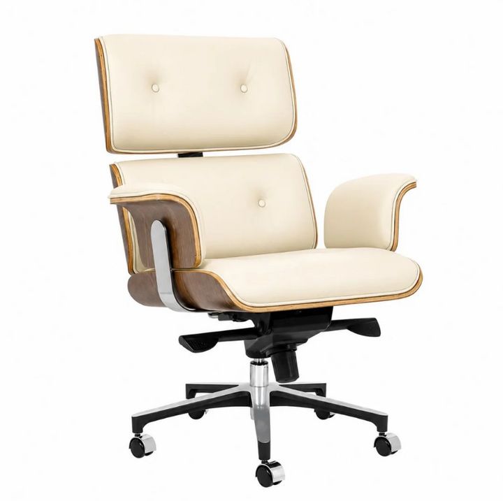 Fauteuil Bureau en Cuir Véritable Rinaldo Crème