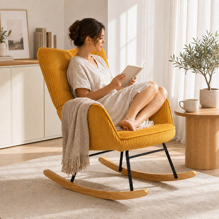 SOLENA - Rocking Chair Tissu Côtelé & Bois