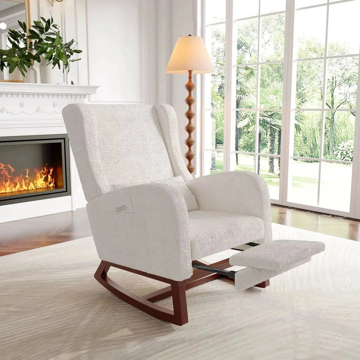 VELORA – Rocking Chair Teddy Blanc Ivoire avec Repose-Pieds