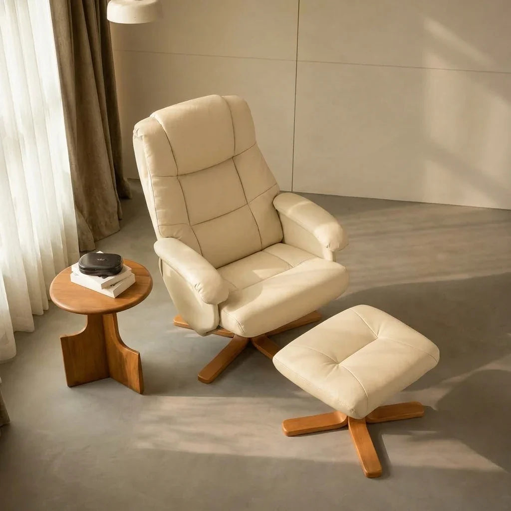 ODLA – Fauteuil Relax Pivotant 360° avec Repose-pieds, Similicuir Beige