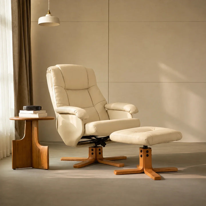 ODLA – Fauteuil Relax Pivotant 360° avec Repose-pieds, Similicuir Beige