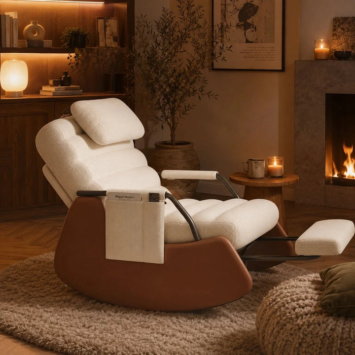 ALVINA - Rocking Chair Design Velours Côtelé & Bois Massif