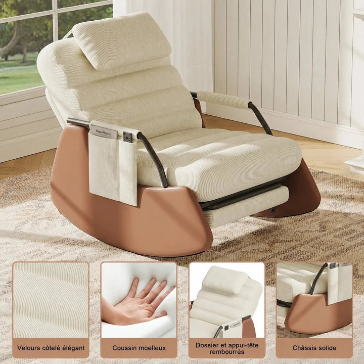 ALVINA - Rocking Chair Design Velours Côtelé & Bois Massif