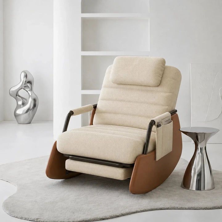 ALVINA - Rocking Chair Design Velours Côtelé & Bois Massif