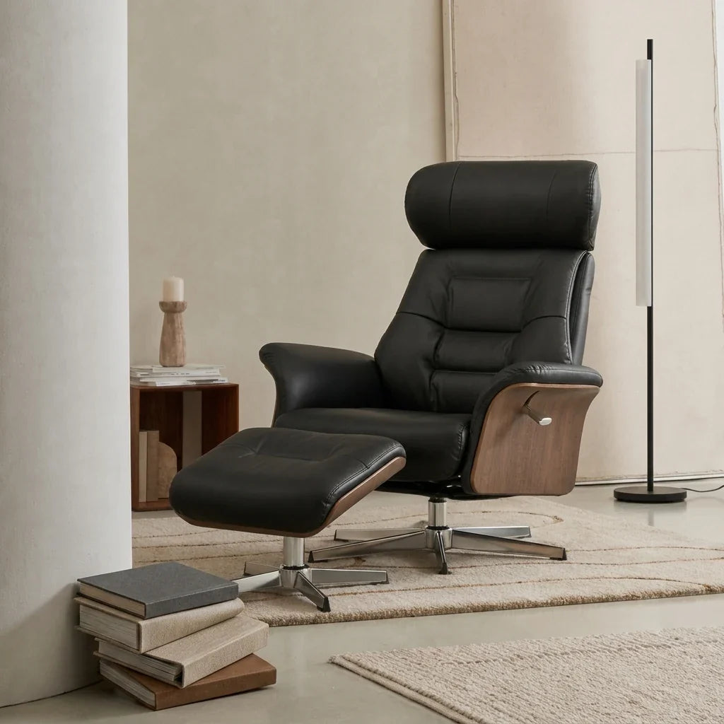 LORAN – Fauteuil Relax Pivotant avec Repose-pieds et Têtière Réglable, Noir