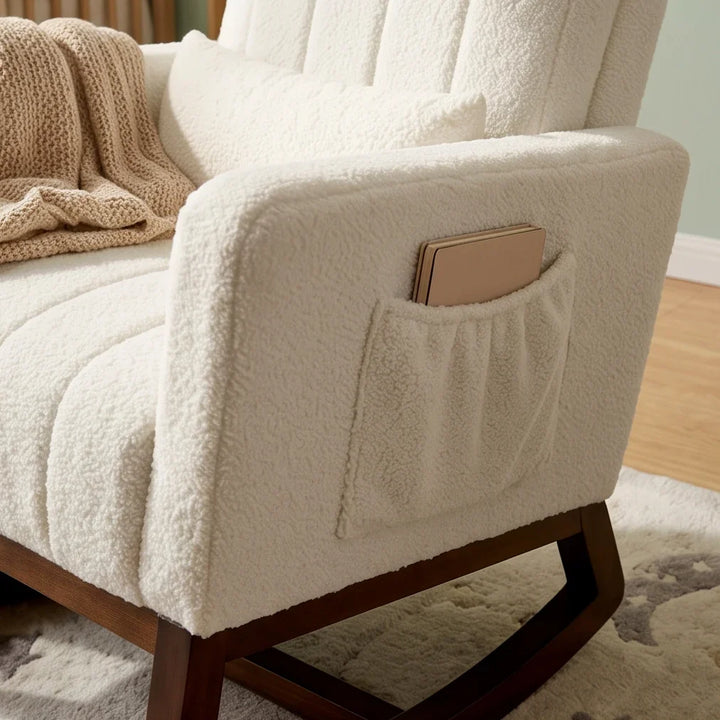 LUNO - Rocking Chair Flanelle Neige Dossier Haut & Coussin Lombaire