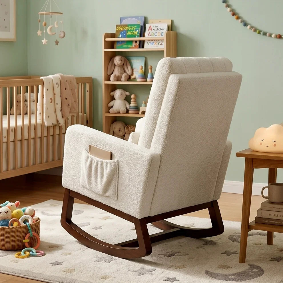 LUNO - Rocking Chair Flanelle Neige Dossier Haut & Coussin Lombaire