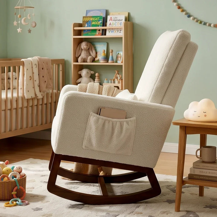 LUNO - Rocking Chair Flanelle Neige Dossier Haut & Coussin Lombaire