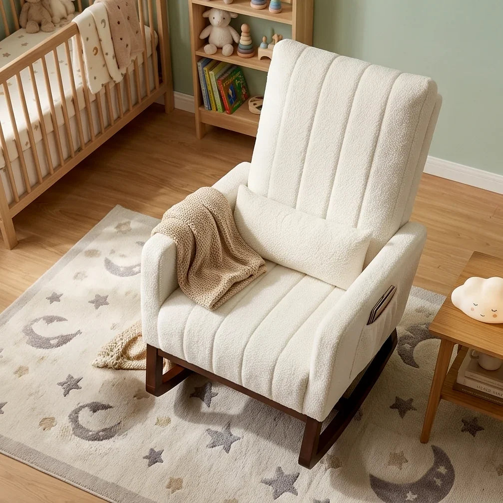 LUNO - Rocking Chair Flanelle Neige Dossier Haut & Coussin Lombaire