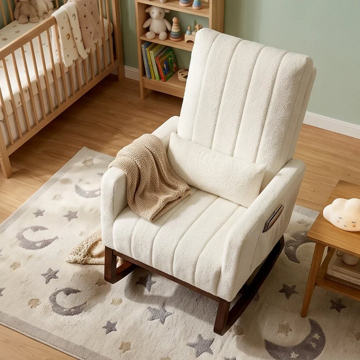 LUNO - Rocking Chair Flanelle Neige Dossier Haut & Coussin Lombaire