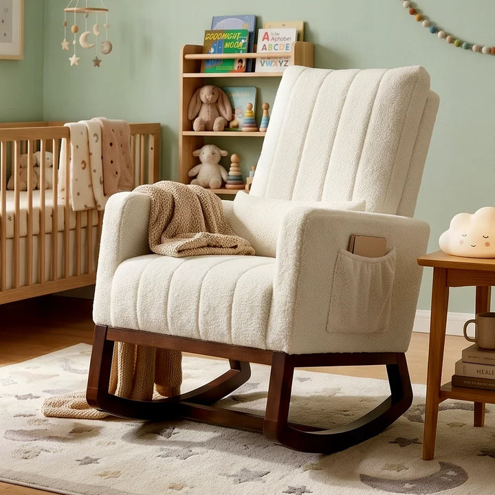 LUNO - Rocking Chair Flanelle Neige Dossier Haut & Coussin Lombaire