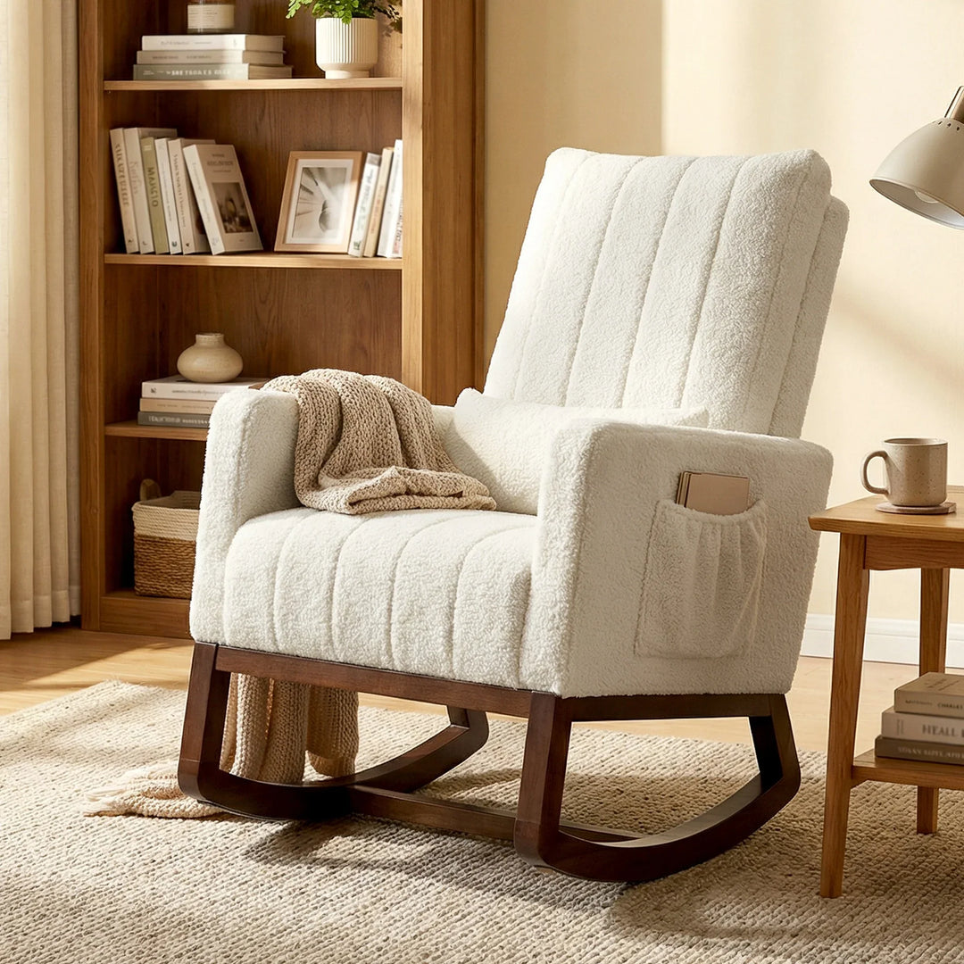 LUNO - Rocking Chair Flanelle Neige Dossier Haut & Coussin Lombaire