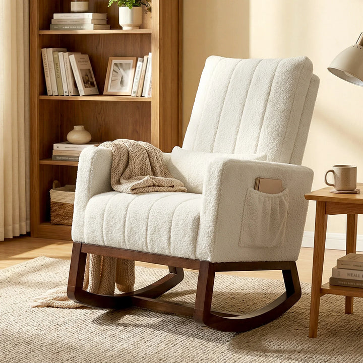 LUNO - Rocking Chair Flanelle Neige Dossier Haut & Coussin Lombaire
