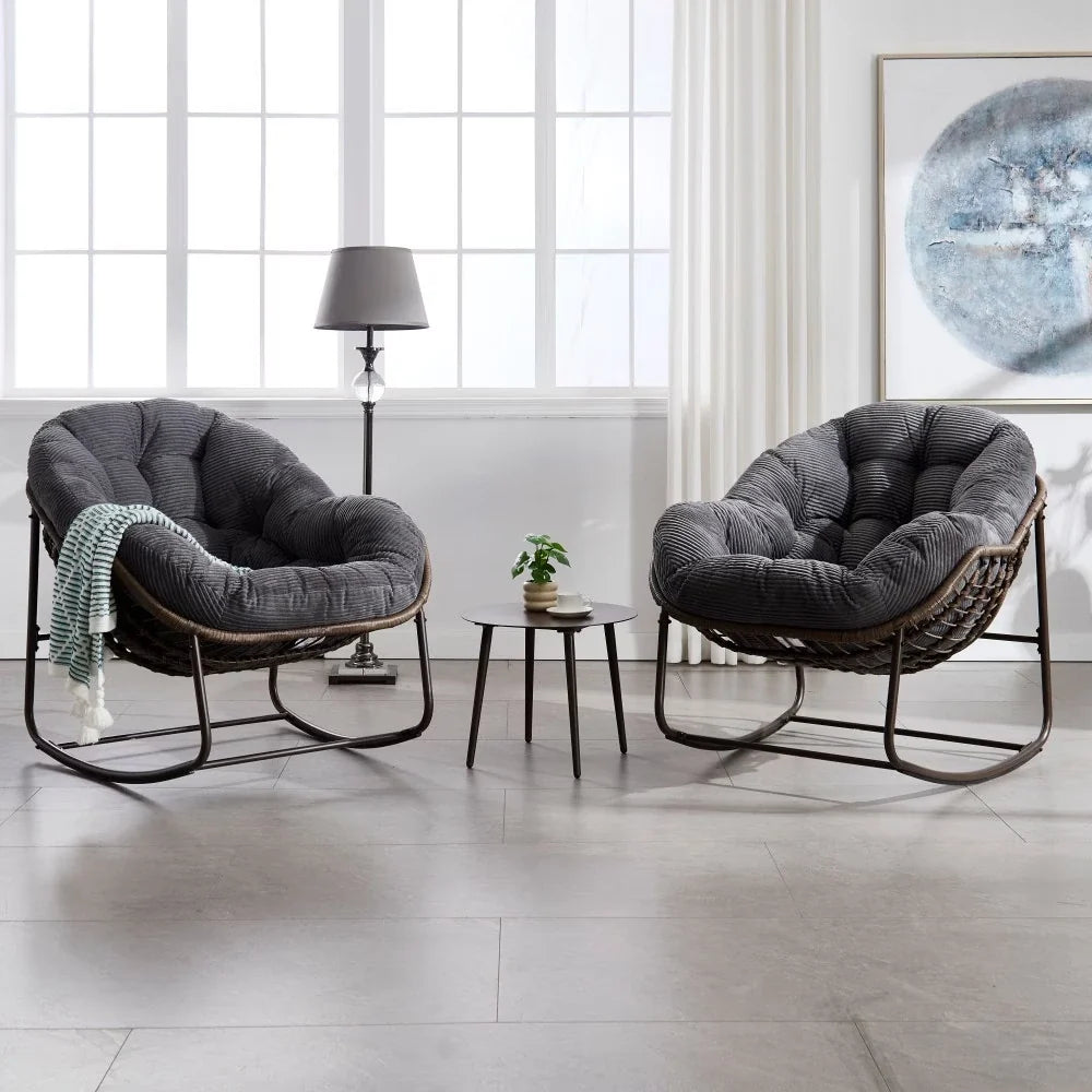 COLINA – Fauteuil à Bascule Papasan Rotin & Velours Côtelé