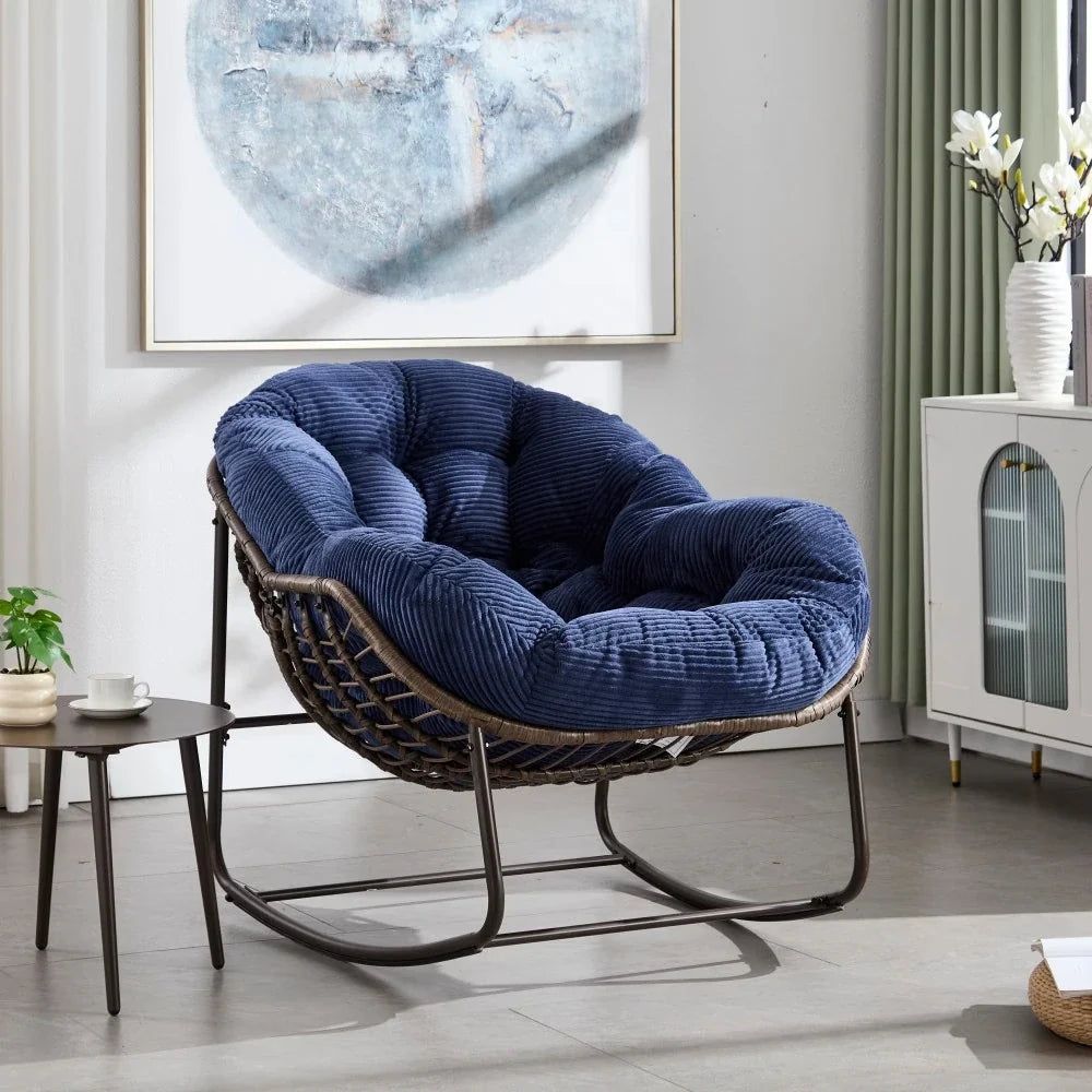 COLINA – Fauteuil à Bascule Papasan Rotin & Velours Côtelé
