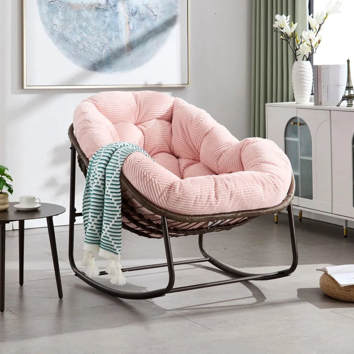 COLINA – Fauteuil à Bascule Papasan Rotin & Velours Côtelé