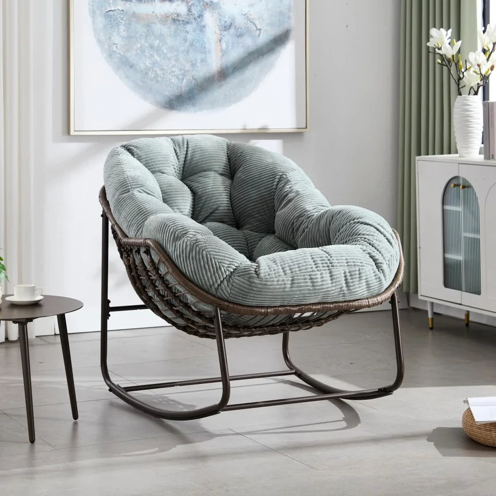 COLINA – Fauteuil à Bascule Papasan Rotin & Velours Côtelé