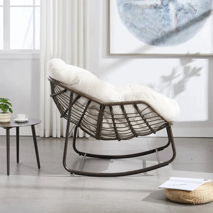 COLINA – Fauteuil à Bascule Papasan Rotin & Velours Côtelé