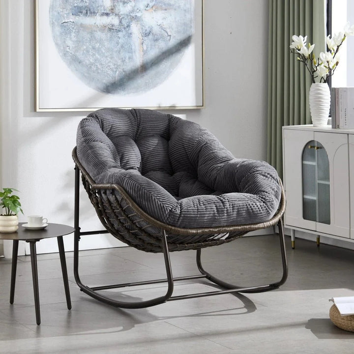 COLINA – Fauteuil à Bascule Papasan Rotin & Velours Côtelé
