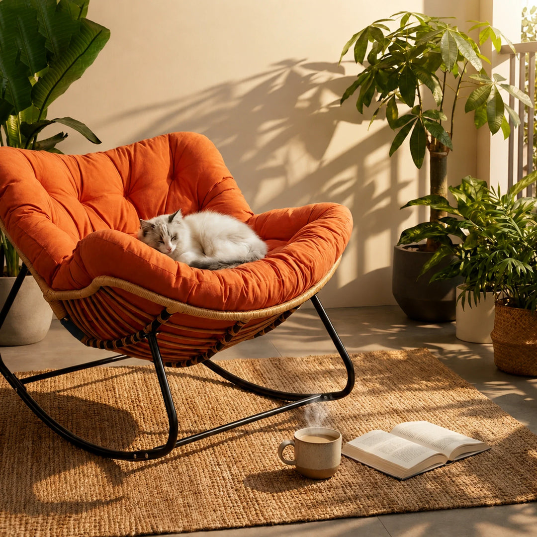 BALMO - Rocking Chair Rotin & Coussin XXL Toutes Saisons