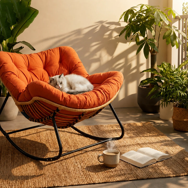 BALMO - Rocking Chair Rotin & Coussin XXL Toutes Saisons