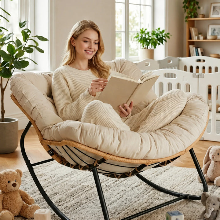 BALMO - Rocking Chair Rotin & Coussin XXL Toutes Saisons