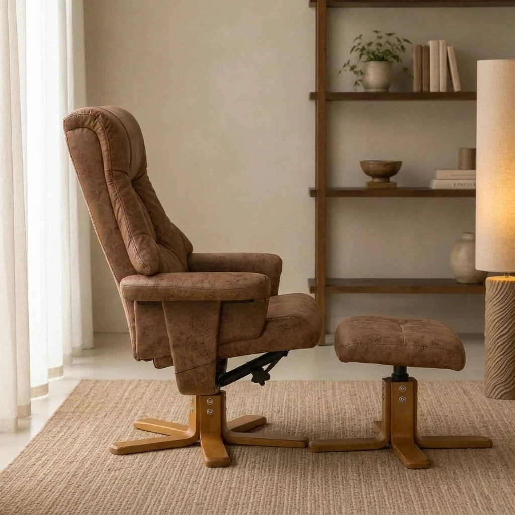TIVA – Fauteuil Relax Inclinable 135° Pivotant avec Repose-pieds, Microfibre Marron