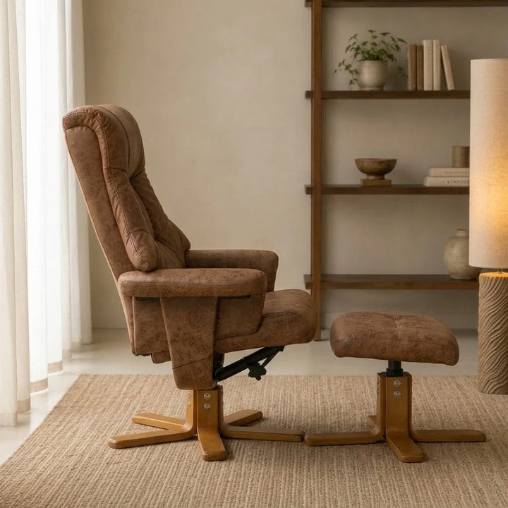 TIVA – Fauteuil Relax Inclinable 135° Pivotant avec Repose-pieds, Microfibre Marron